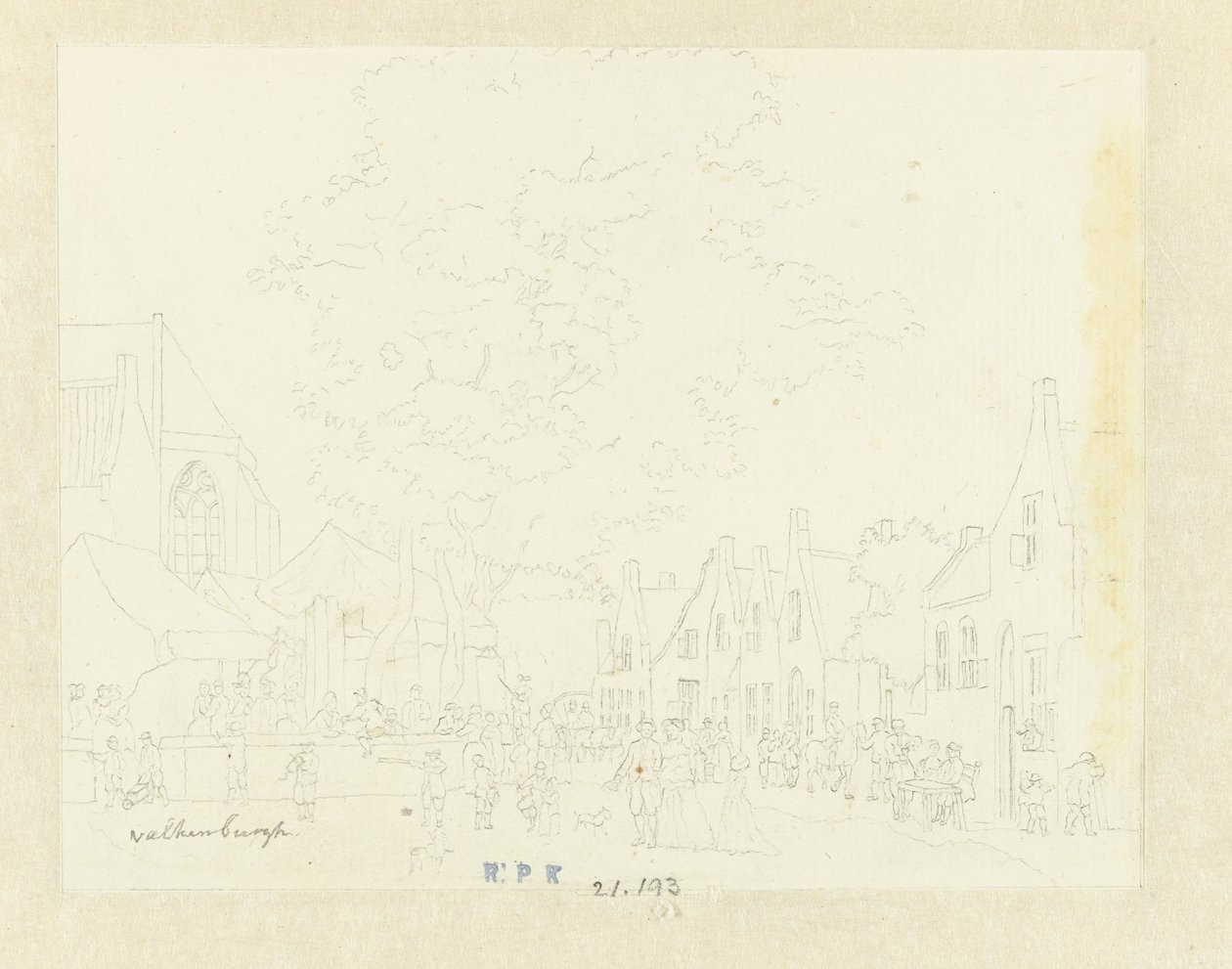 Markt in het dorp Valkenburg door Hermanus Petrus Schouten