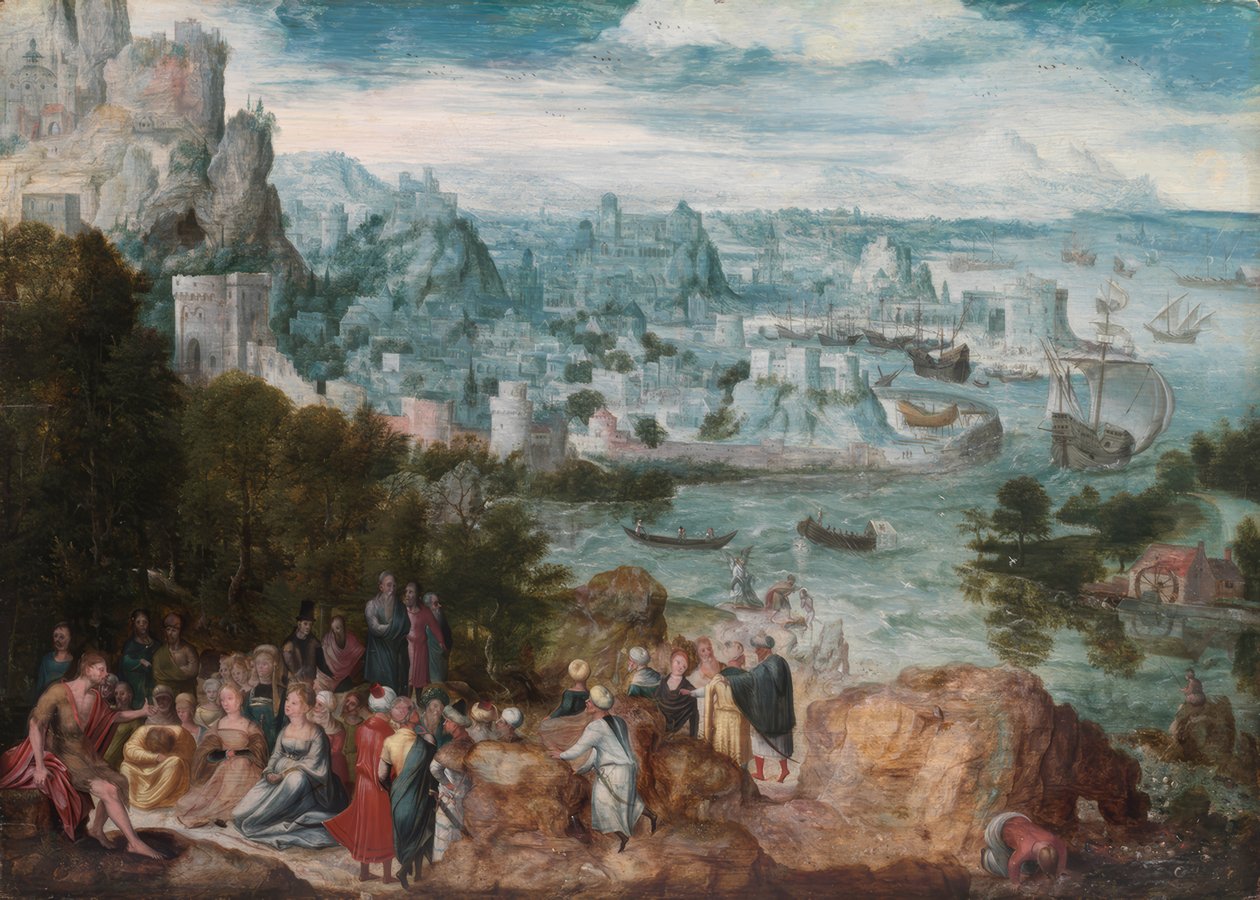 Landschap met Johannes de Doper door Herri met de Bles
