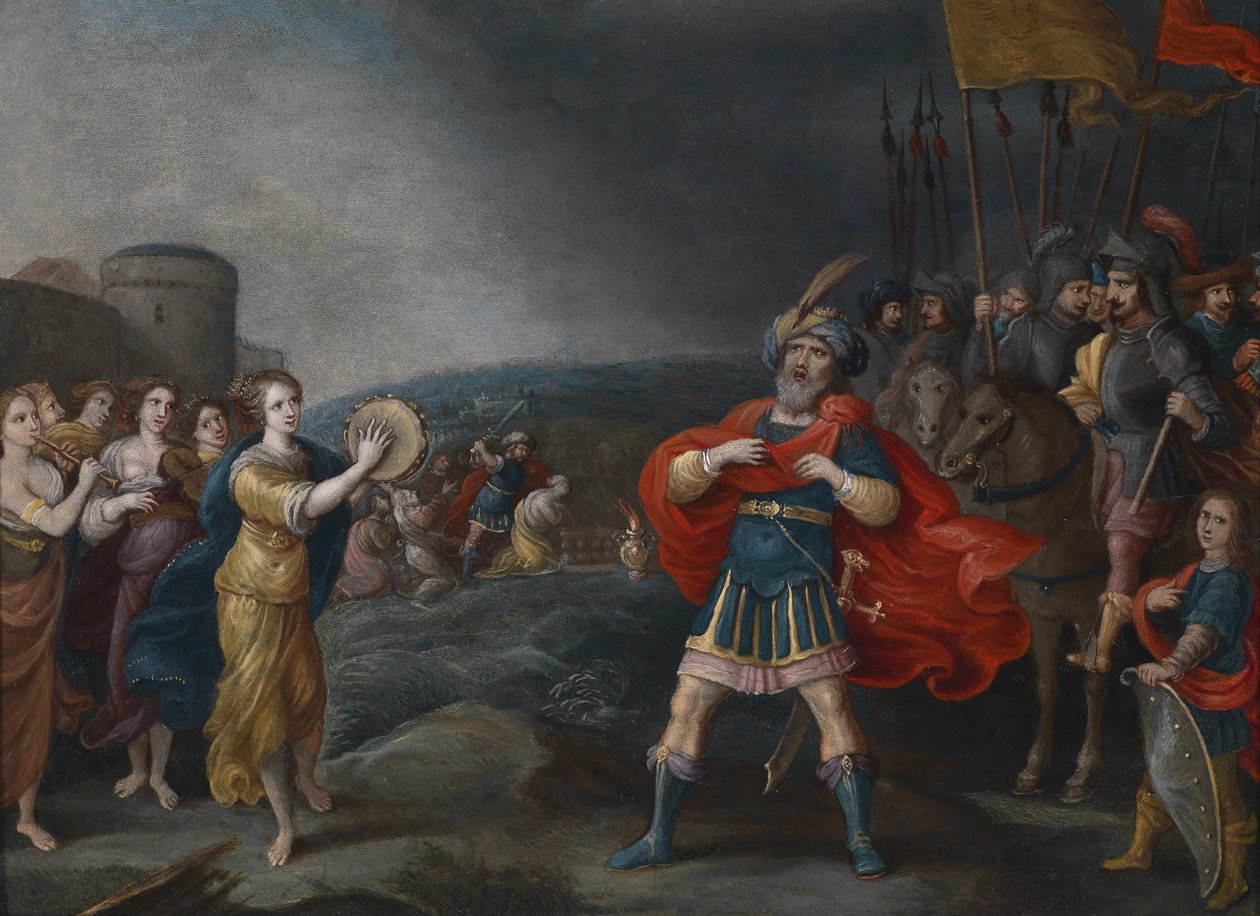 De zegevierende veldheer Jephta ontmoet zijn dochter door Hieronymous Francken III