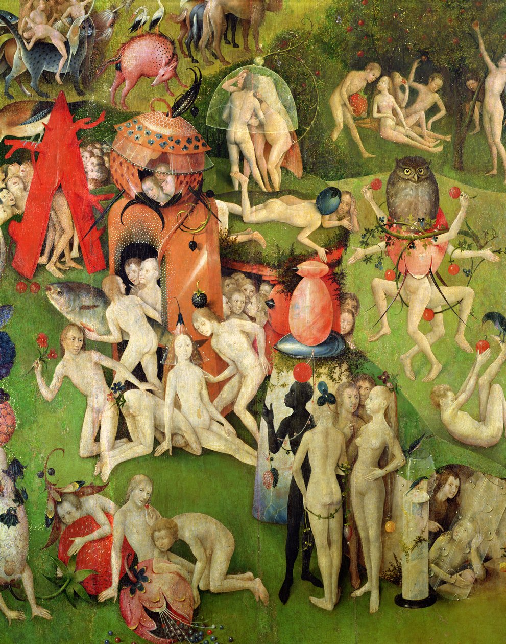 De Tuin der Lusten: Allegorie van Luxe, centraal paneel van drieluik, ca. 1500 (detail) door Hieronymus Bosch