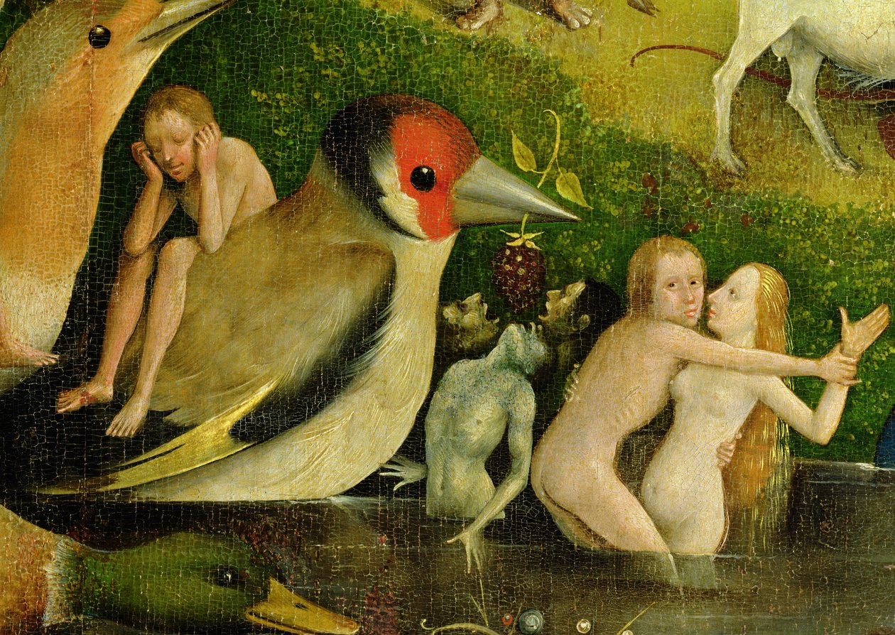 De tuin der lusten: Allegorie van luxe, middenpaneel van drieluik, detail van stel in het water en een vogel, c.1500 (detail) door Hieronymus Bosch