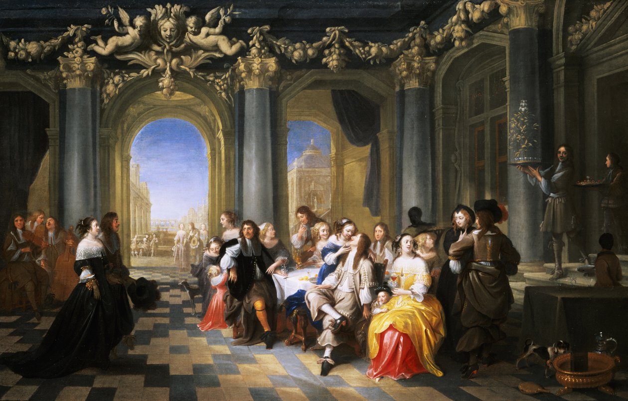 Een feest in een interieur door Hieronymus Janssens