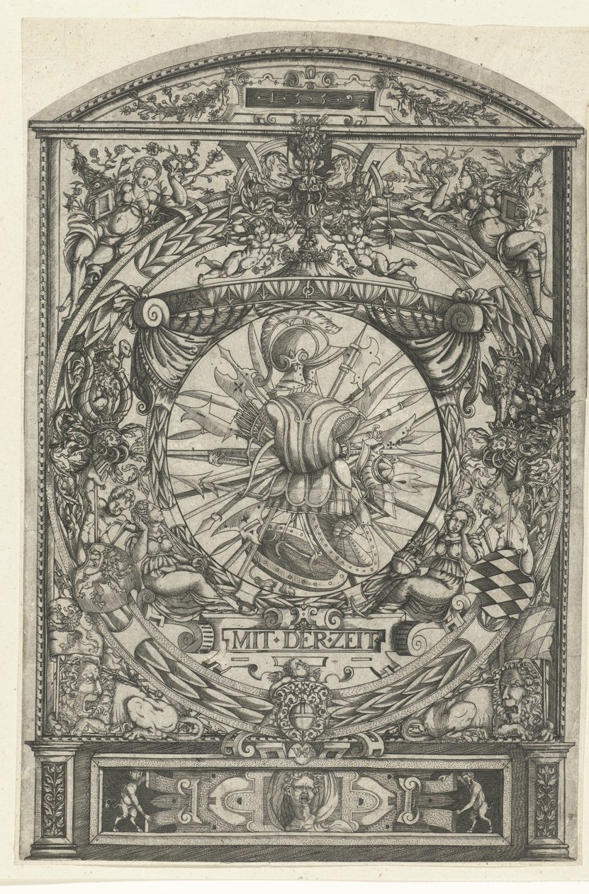 Medaillon met wapentrofee in ornamentale omlijsting door Hieronymus Wechinger