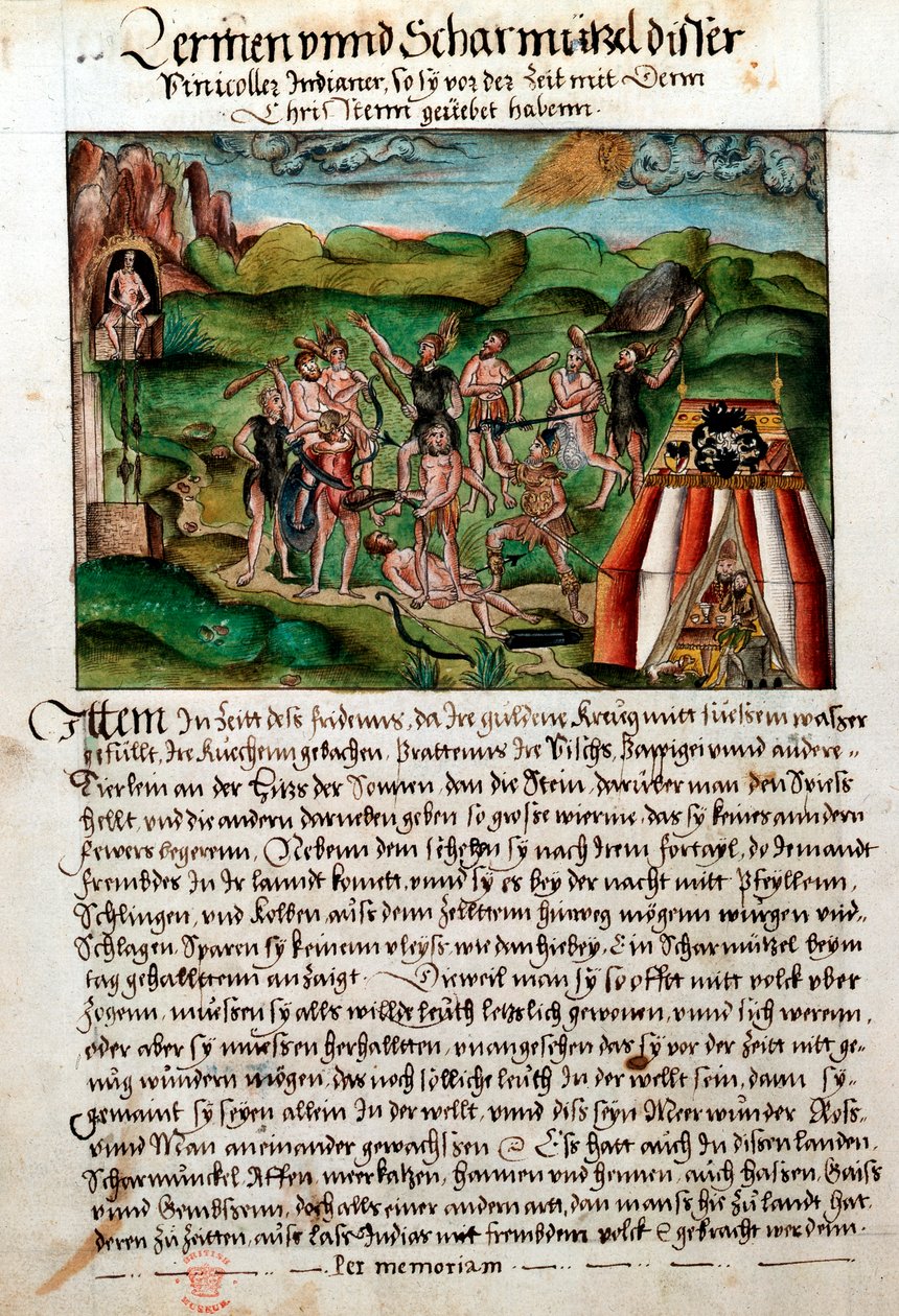 Venezolanen vallen Spaanse conquistadores aan, ca. 16e eeuw door Hieronyouse Koler