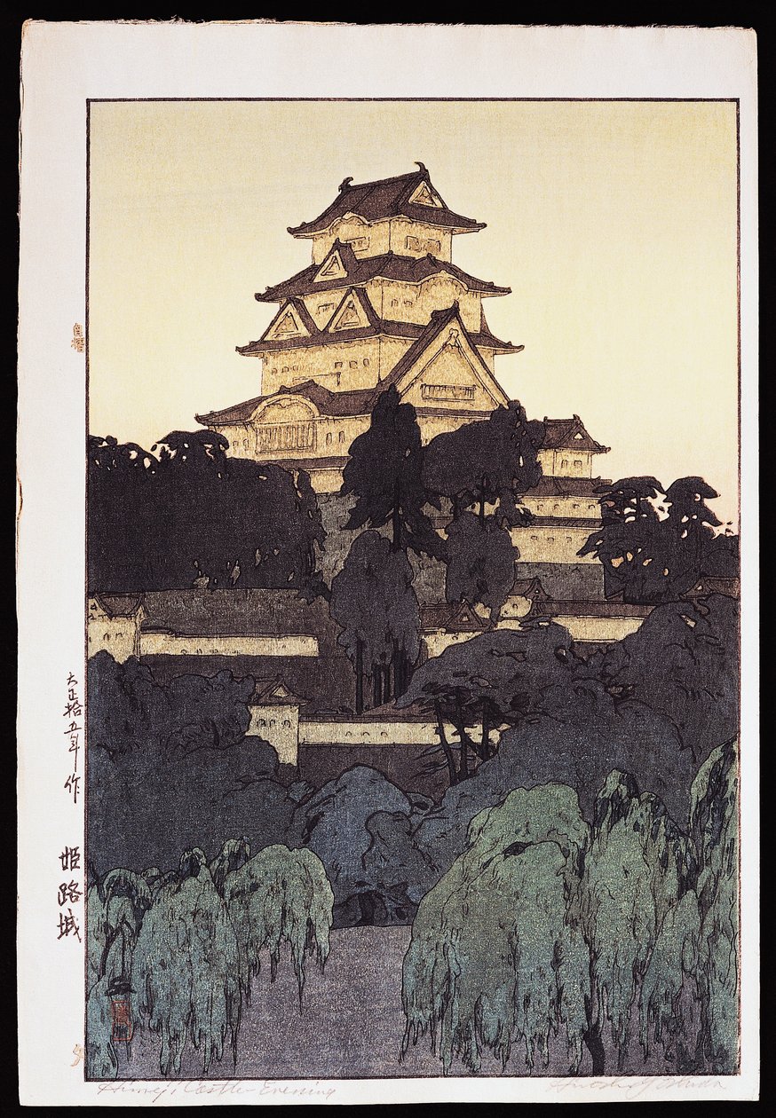 Avondzicht op Himeji kasteel door Hiroshi Yoshida