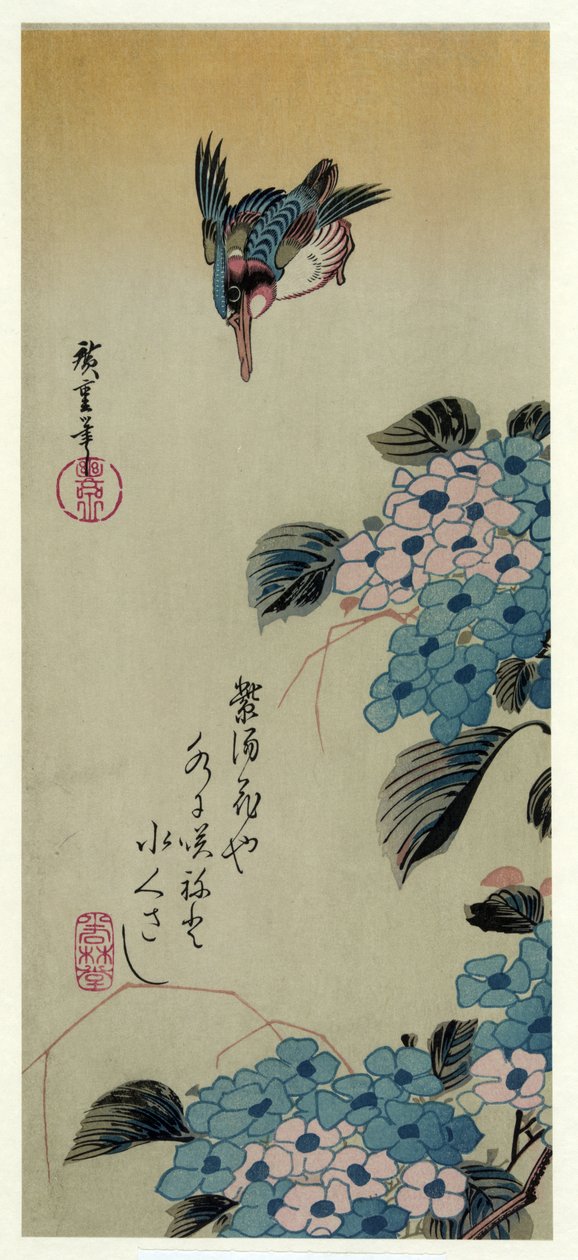 Ajisai ni Kawasemi (Hortensia en IJsvogel) door Utagawa Hiroshige