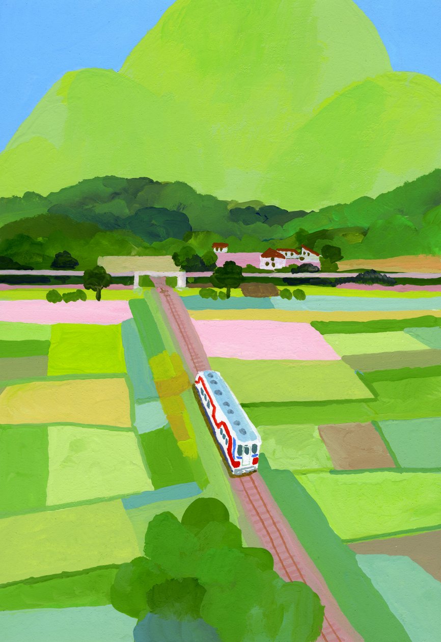 Grote groene berg en rijstveld door Hiroyuki Izutsu