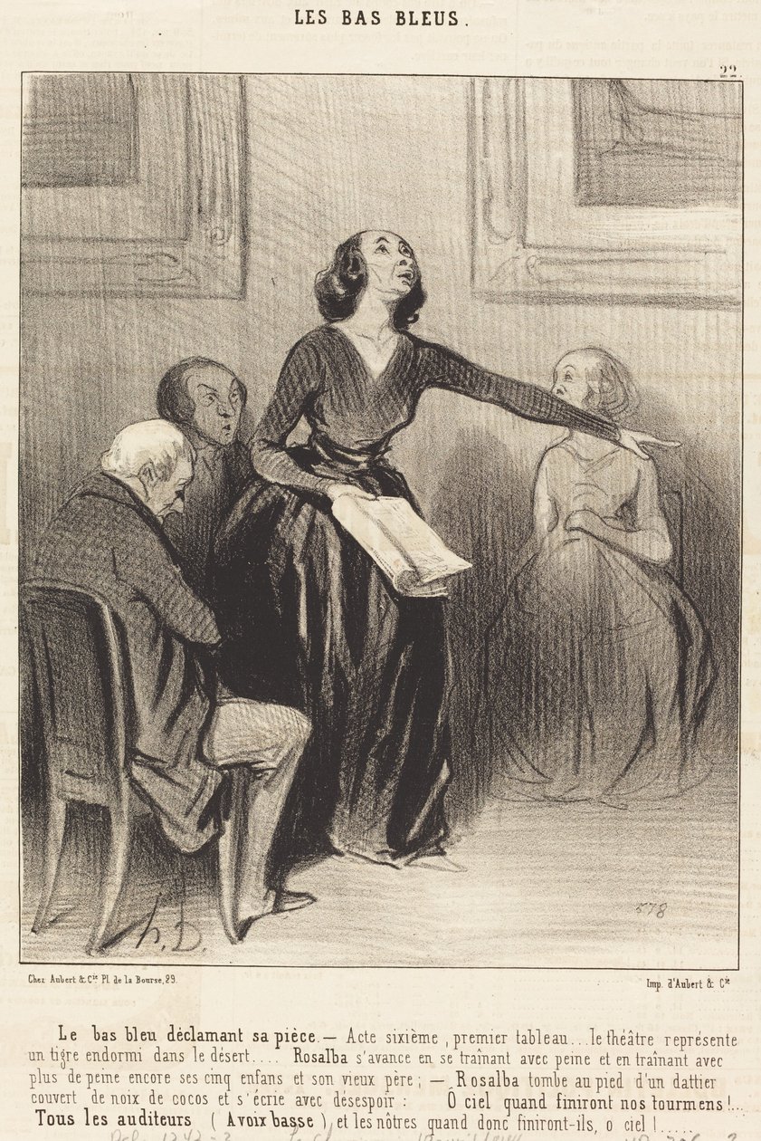 De blauwkous declameert haar stuk door Honoré Daumier