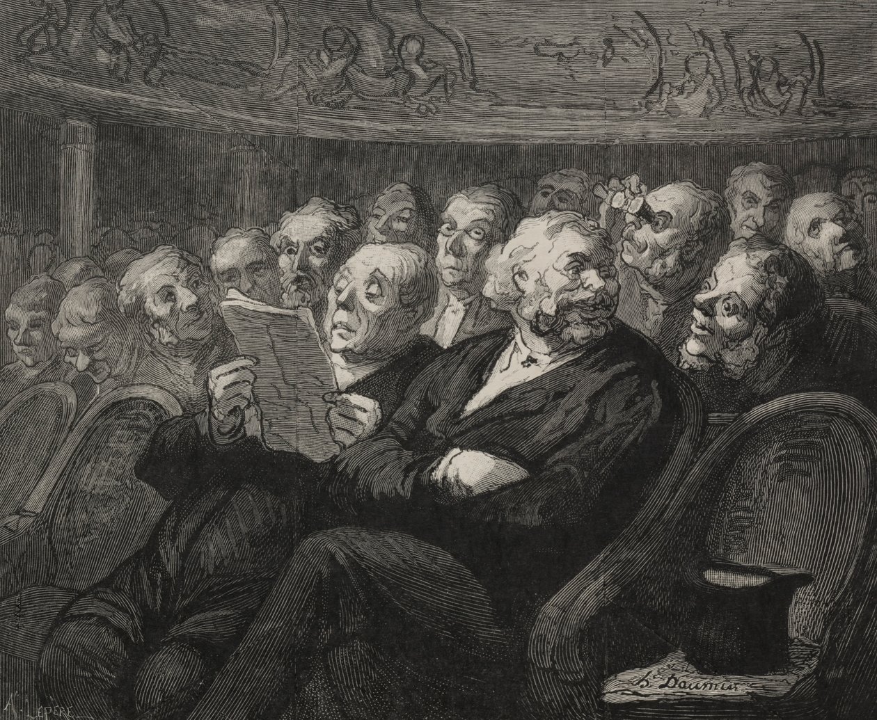 Het theater: De orkestbak door Honoré Daumier