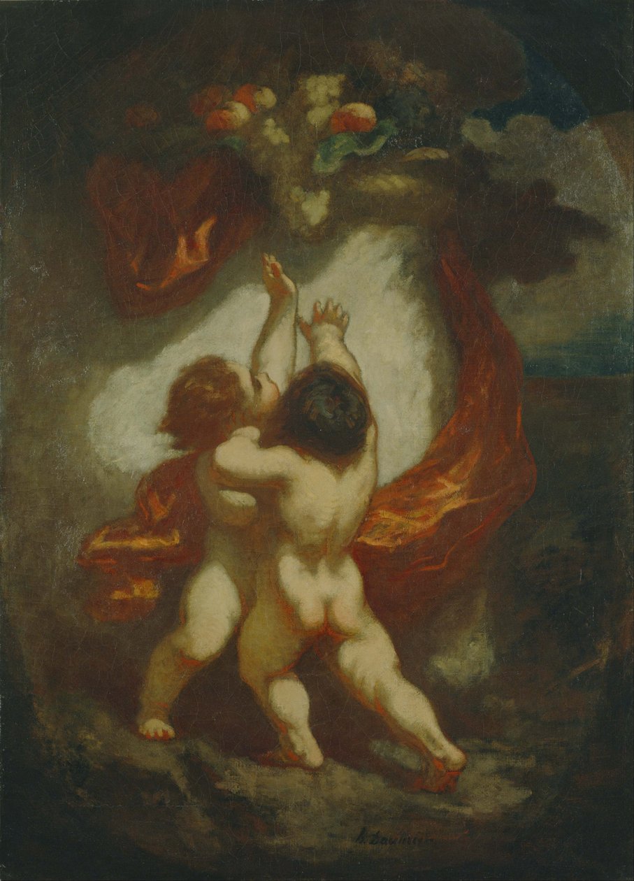 Twee putti die naar vruchten streven door Honoré Daumier