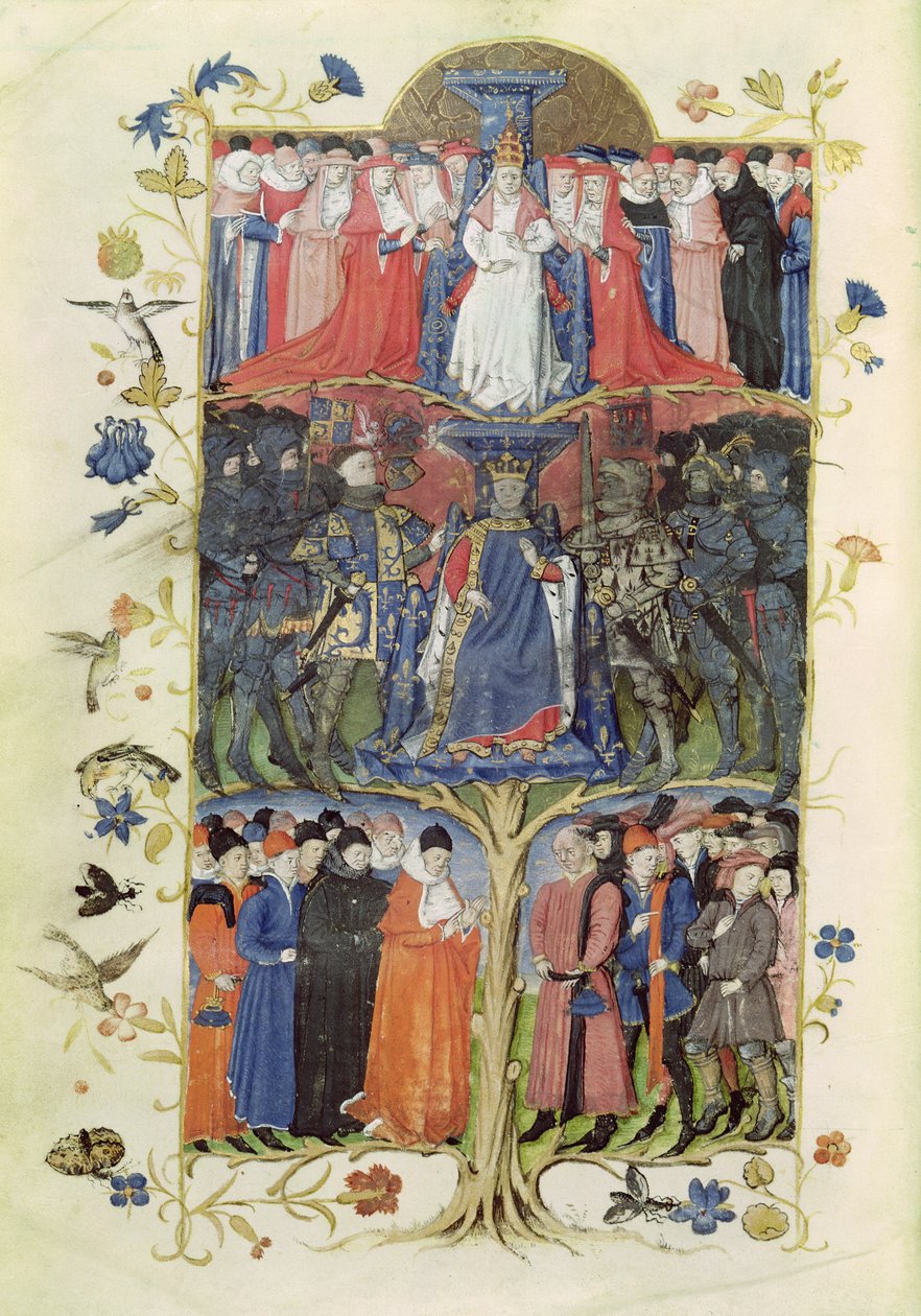 De boom van gevechten: Koning Karel VII (1403-61) tussen de Dauphin, toekomstige Lodewijk XI (1423-83) aan zijn rechterkant en aan zijn linkerkant, Arthur, graaf van Richmond, Constable van Frankrijk (1425-58) door Honore Bonnet