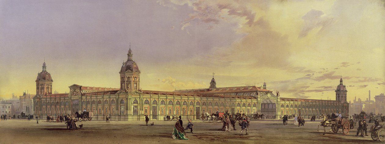 De Metropolitan Vlees- en Pluimveemarkt, Smithfield, Londen, 1868, naar een schilderij van de architect door Horace Jones