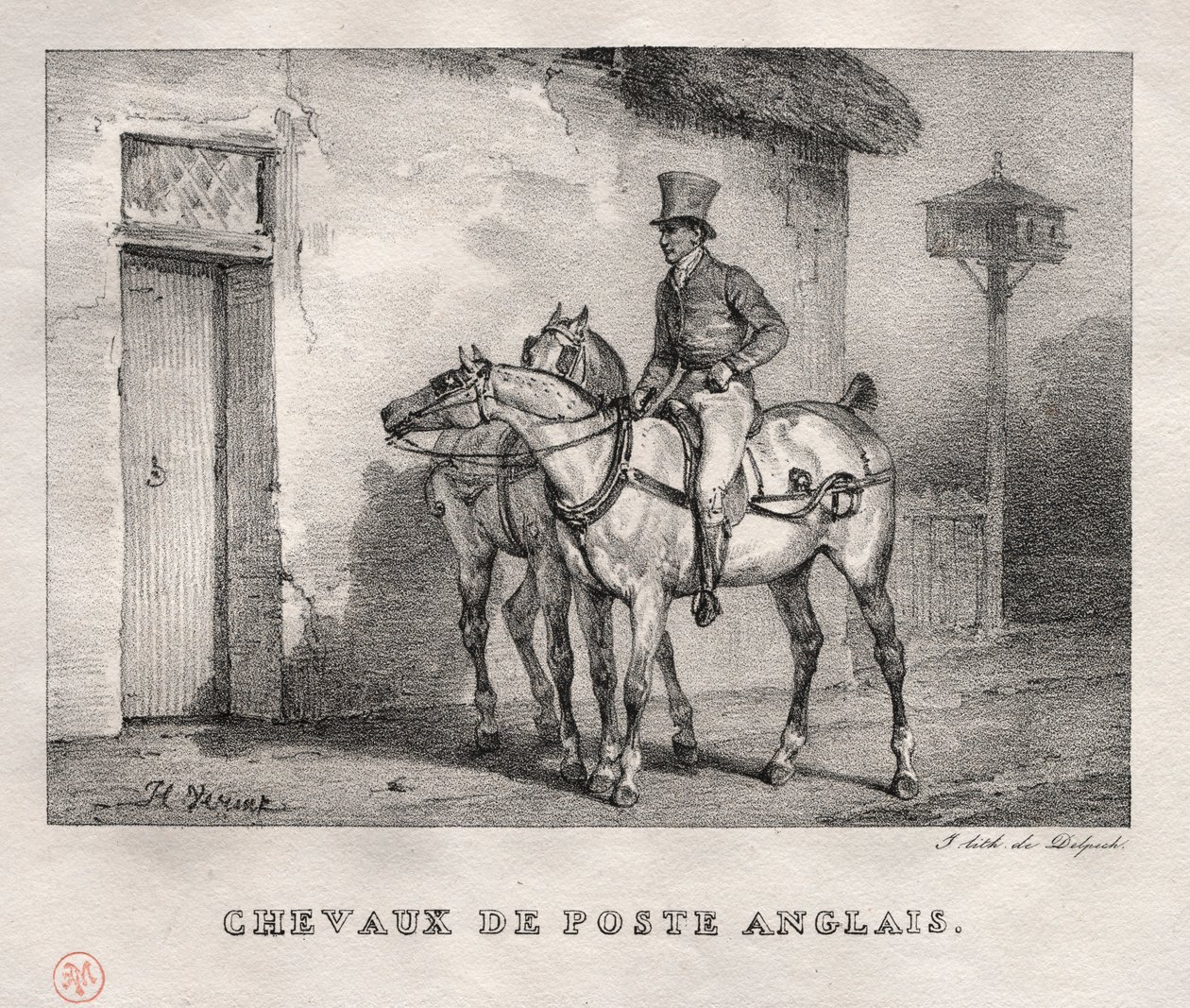 Postpaarden, 1823 door Emile Jean Horace Vernet