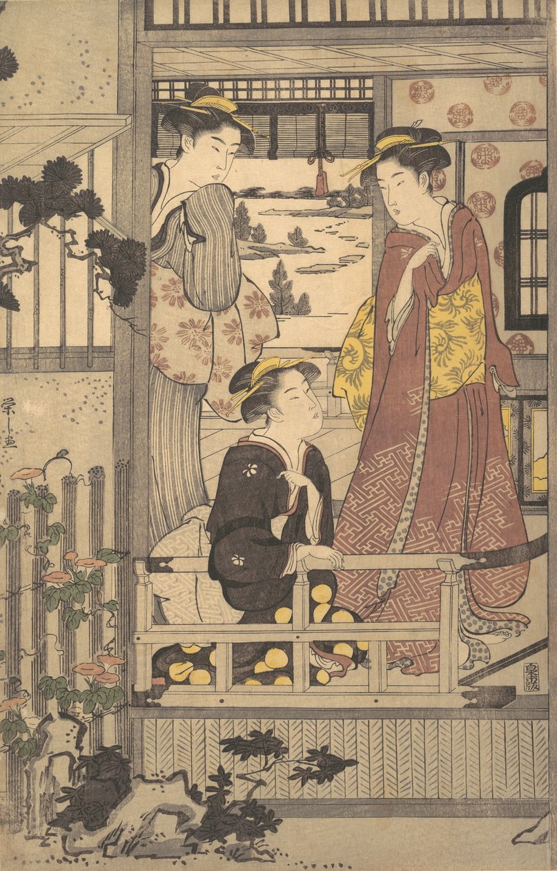 Drie Vrouwen op een Veranda door Hosoda Eishi