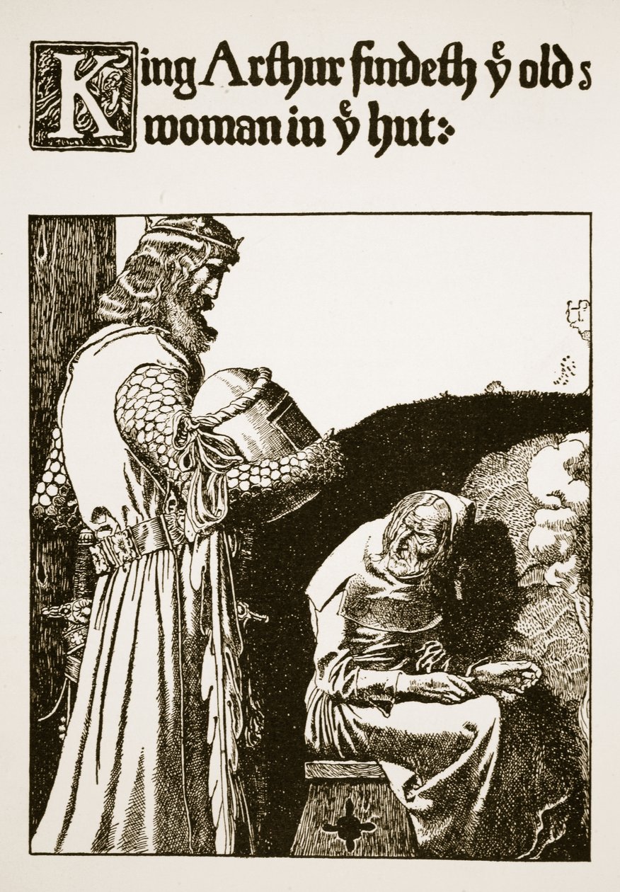 Koning Arthur vindt de oude vrouw in de hut, illustratie uit 