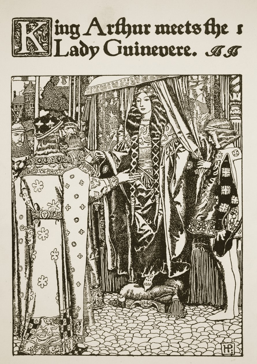 Koning Arthur ontmoet de Dame Guinevere, illustratie uit 