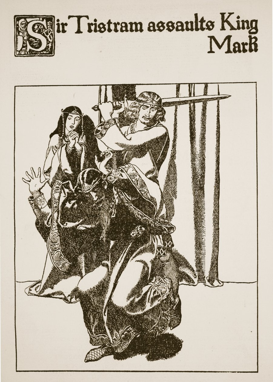 Sir Tristram valt koning Mark aan, illustratie uit 