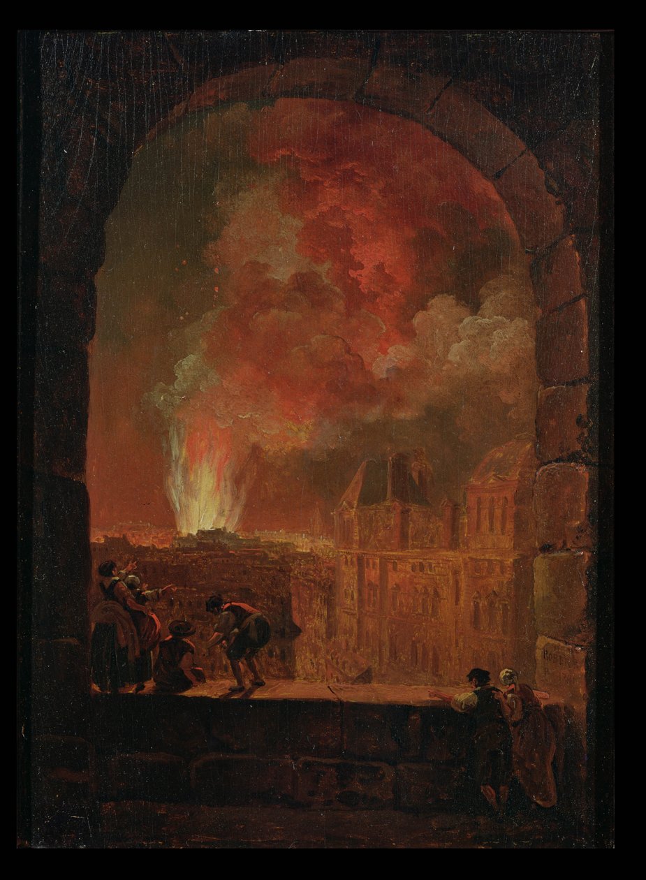 Brand in de Opera van het Palais-Royal, gezien vanaf het Louvre, 1781 door Hubert Robert