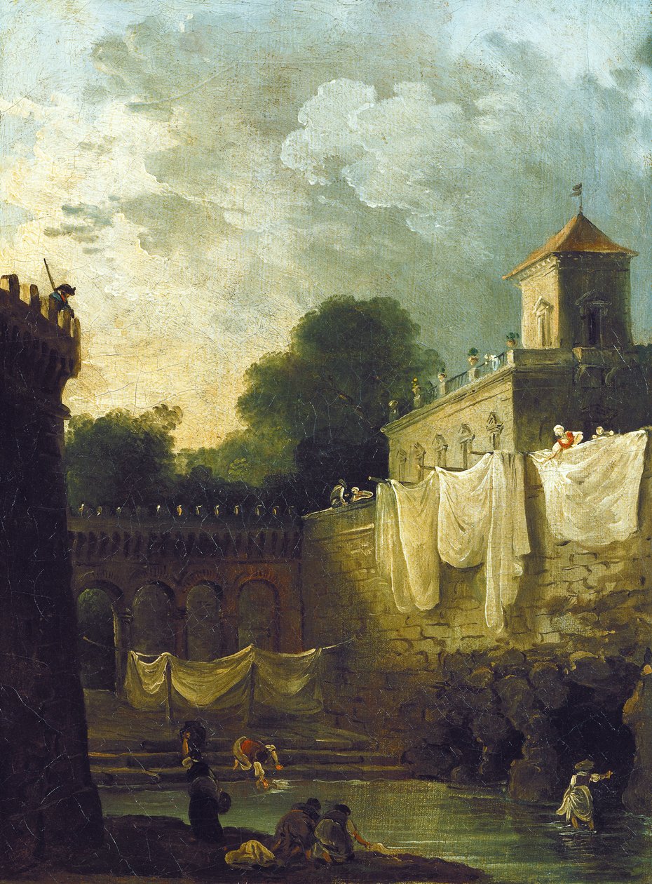 Wasvrouwen in de gracht van een Italiaanse villa door Hubert Robert