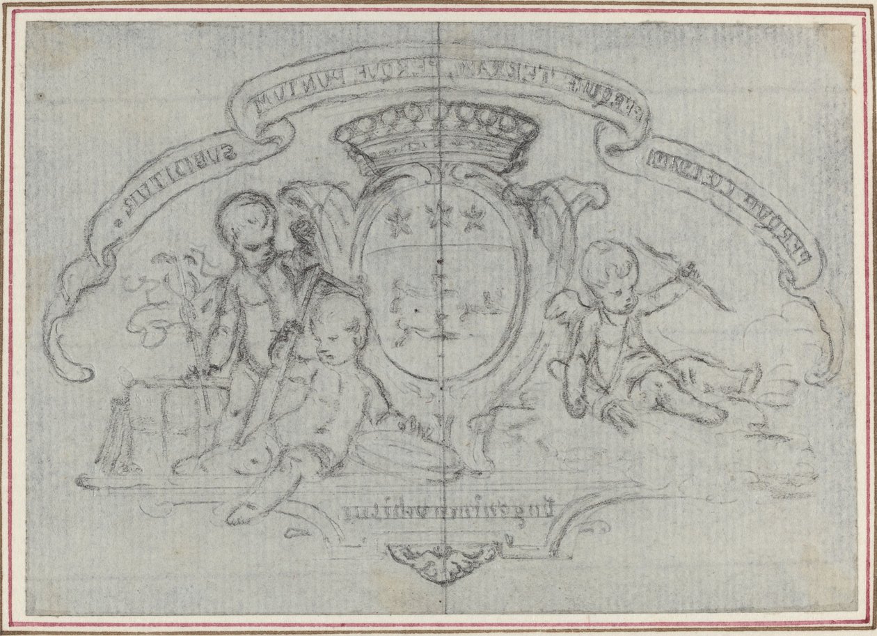 Wapen met drie putti door Hubert Francois Gravelot