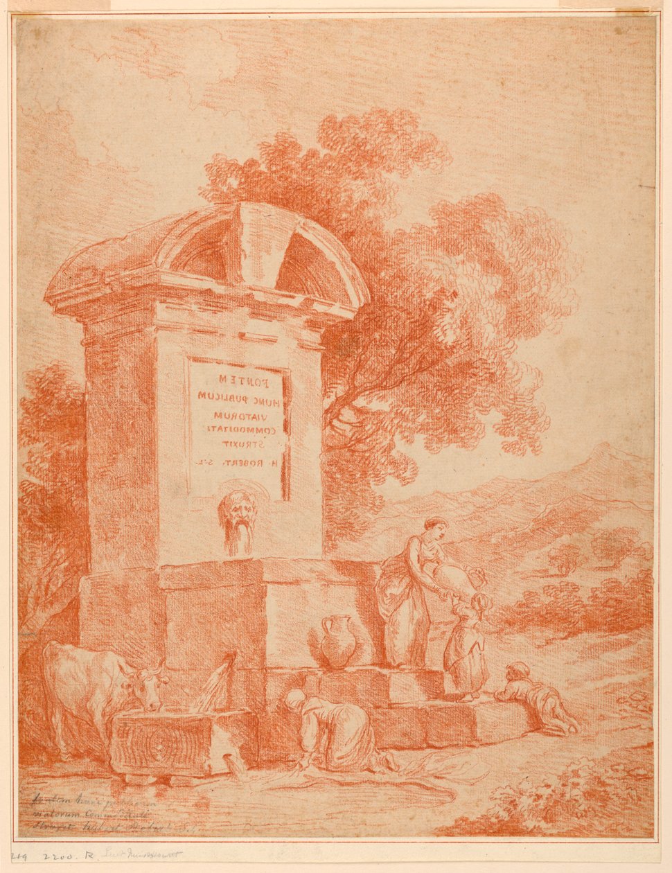 Een Romeinse fontein (Counterproof) door Hubert Robert