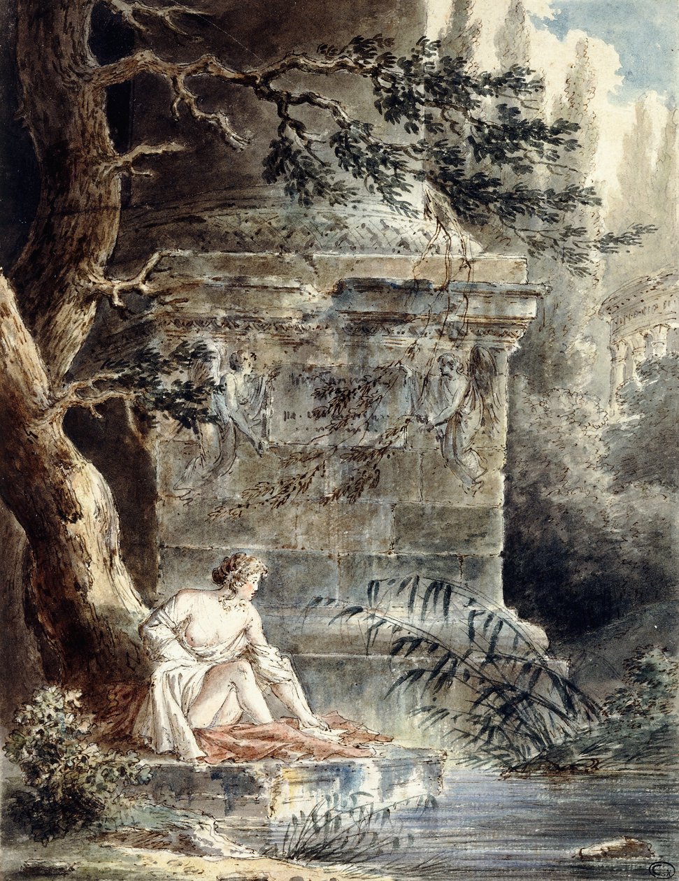 Een jonge badende bij een zuil door Hubert Robert