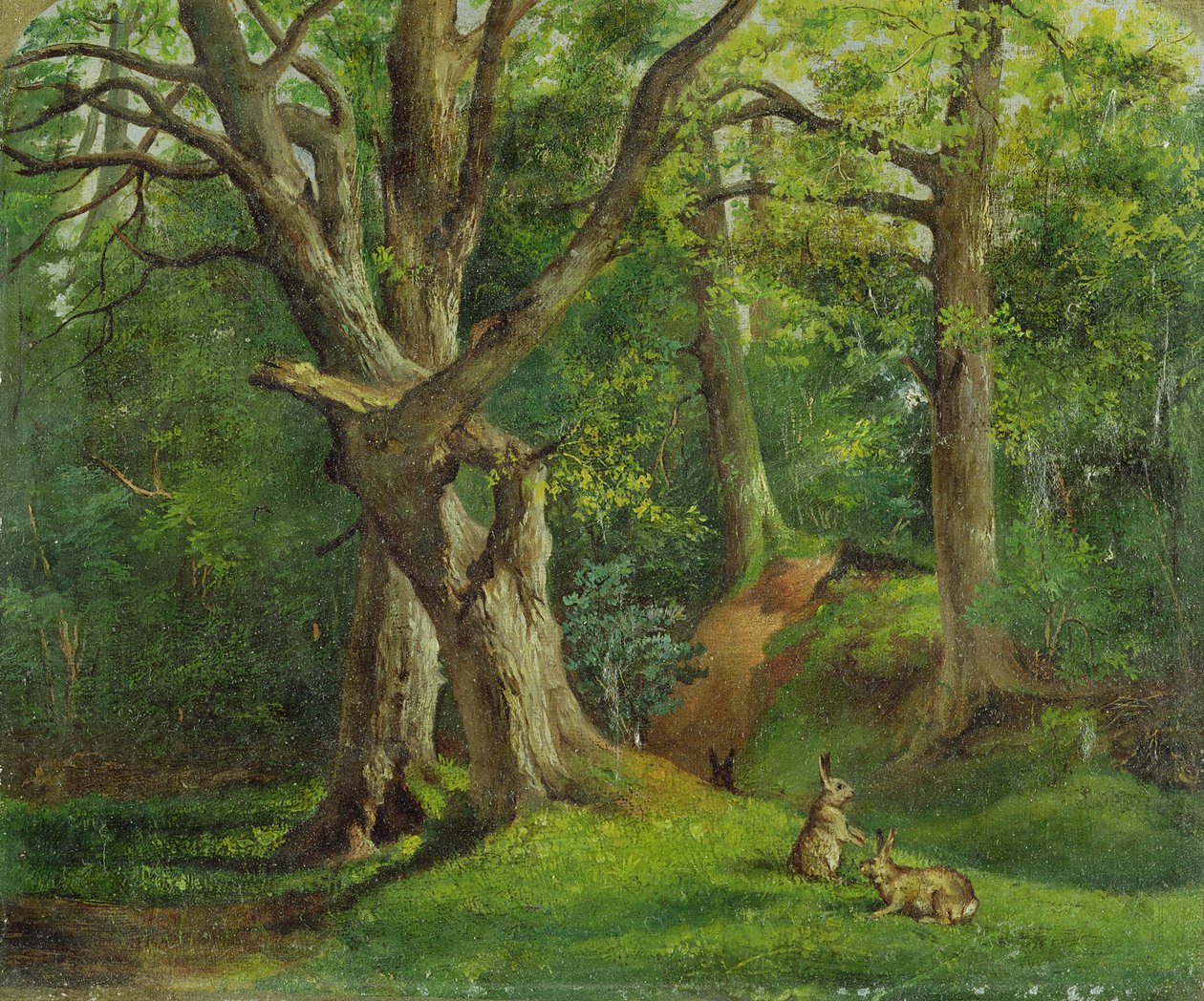 Boslandschap met konijnen, 1862 door Hubert von Herkomer