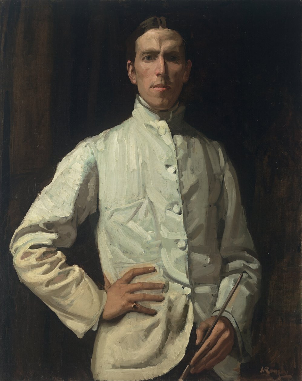 Zelfportret in wit jasje door Hugh Ramsay
