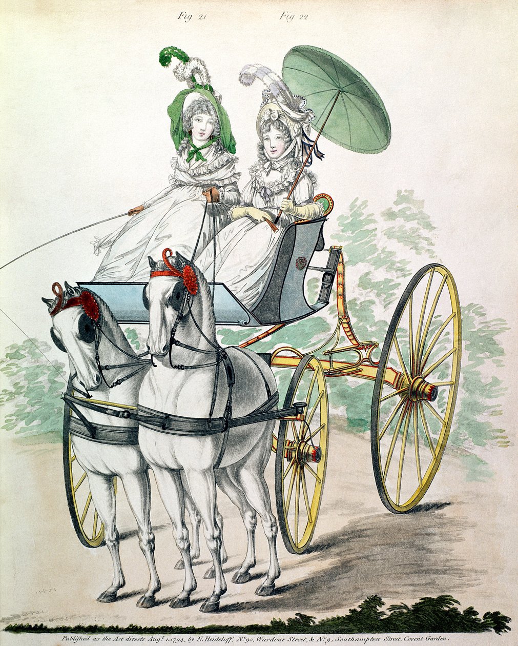 Twee jonge dames in calico jurken, een ritje makend in een phaeton, uit 