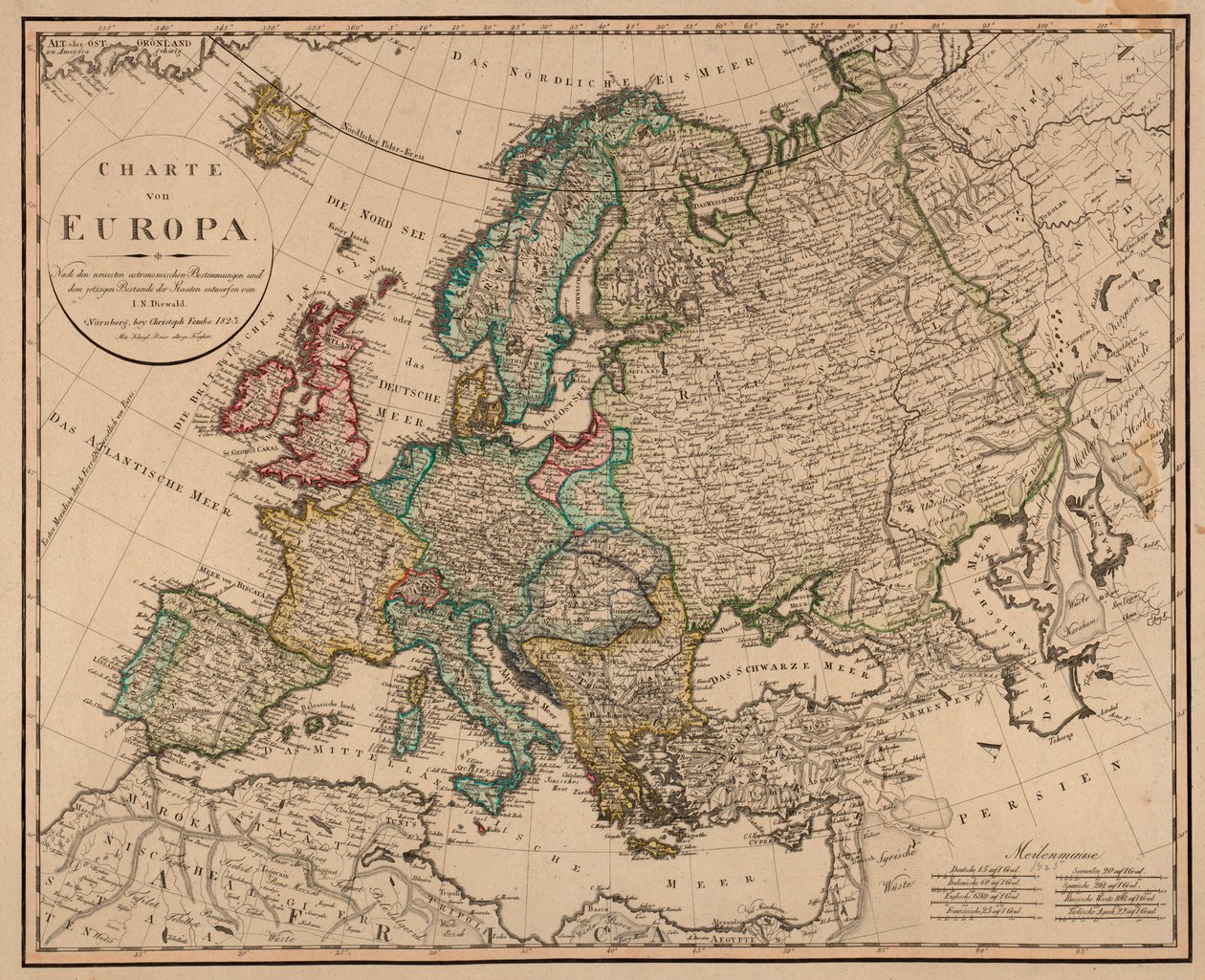 De kaart is uitgegeven in Neurenberg, bij Christoph Fembo (1823) en toont Europa door I. N. Diewald