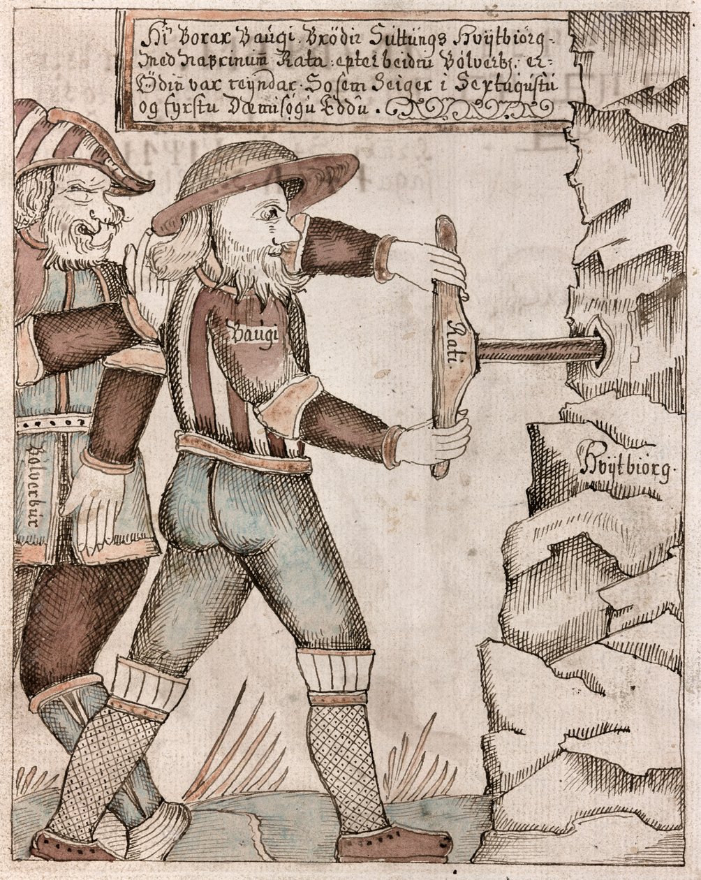 De reus Baugi, overgehaald door Odin, boort in de ondergrondse kamer van zijn broer Suttung waar hydromel, de mede van de dichters, verborgen is door Icelandic School