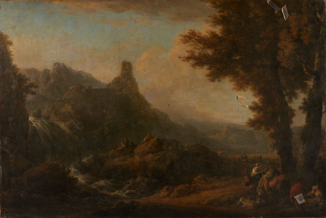 Landschap met waterval door Ignaz Du Vivier