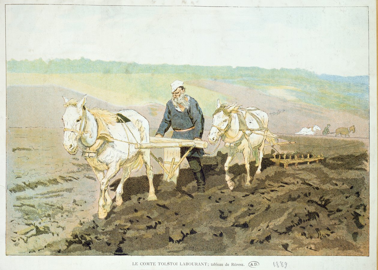 De schrijver Lev Nikolaevich Tolstoy (1828-1910) ploegt met paarden, 1889 door Ilya Efimovich Repin