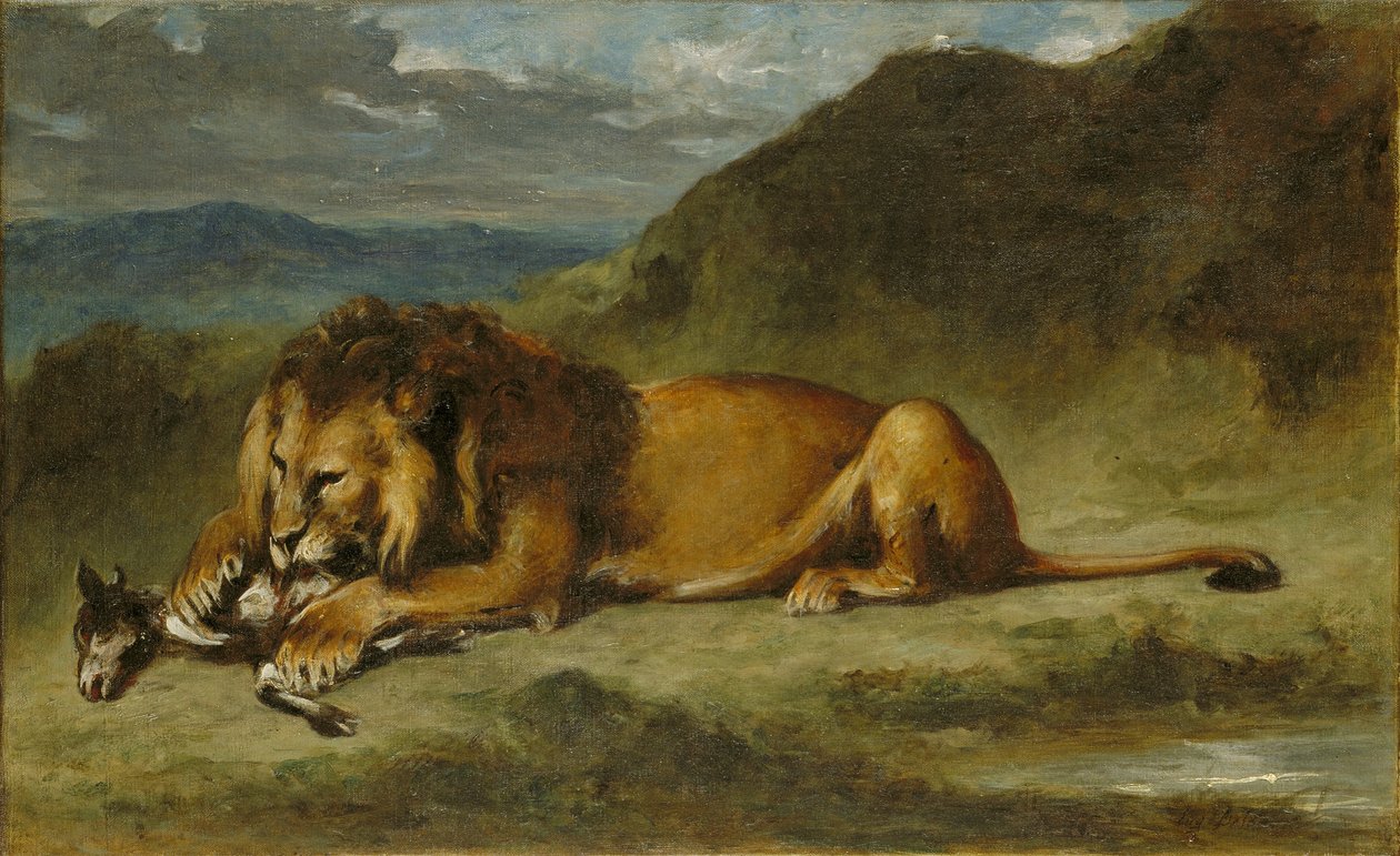 Leeuw die een geit verslindt door Imitator of Eugène Delacroix