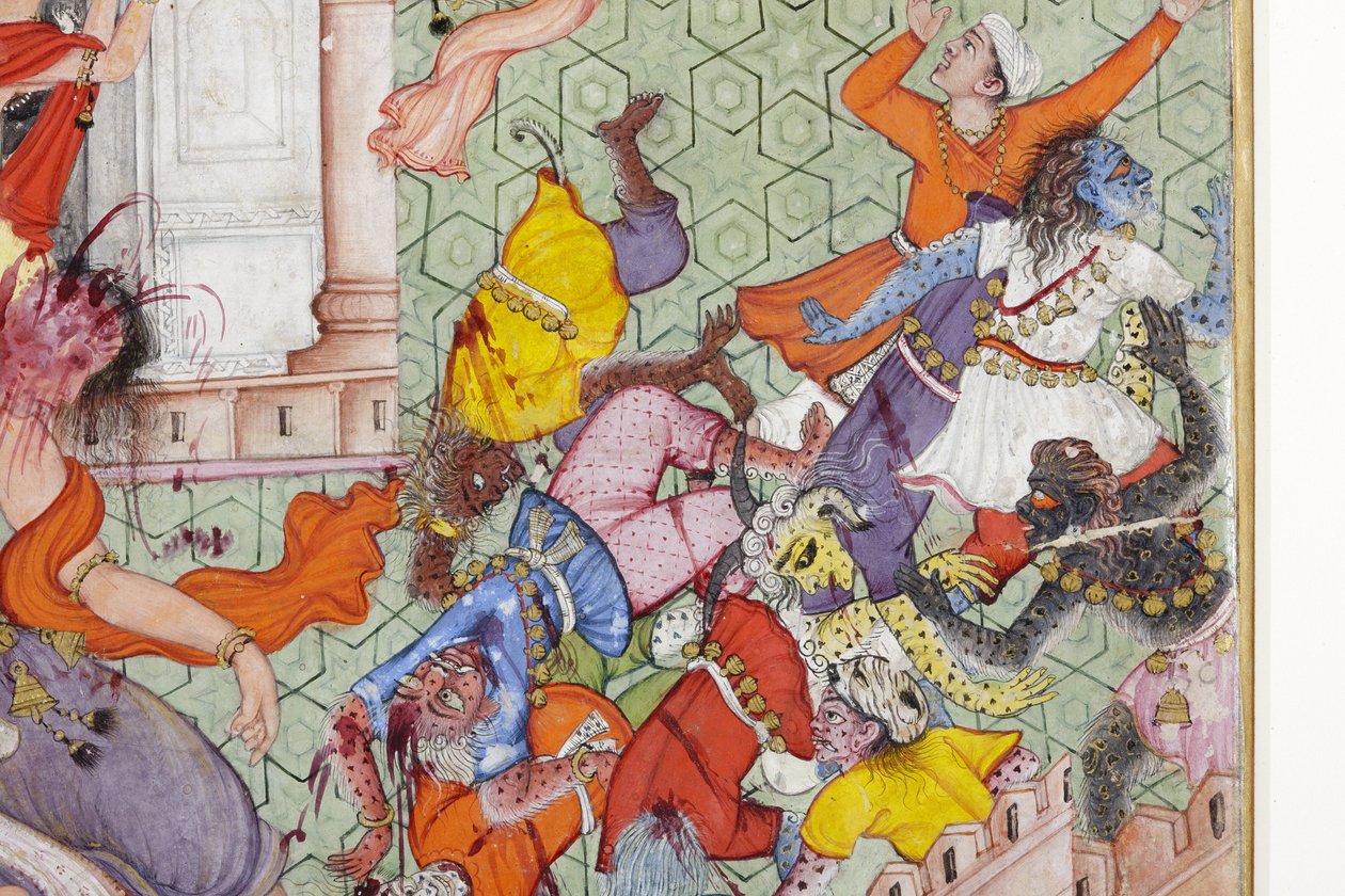 Detail van Krishna Verslaat de Demon Narakasura met zijn Schijf, ca. 1585-90 (dekkende wc & goud op papier) door Indian School