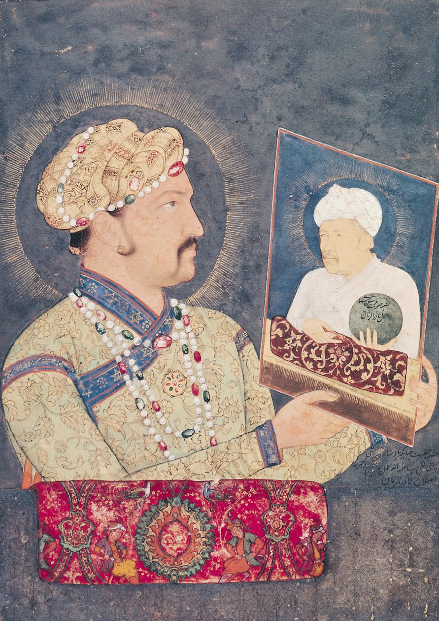 Keizer Jahangir (1569-1627) met een portret van Keizer Akbar (1542-1605) door Indian School