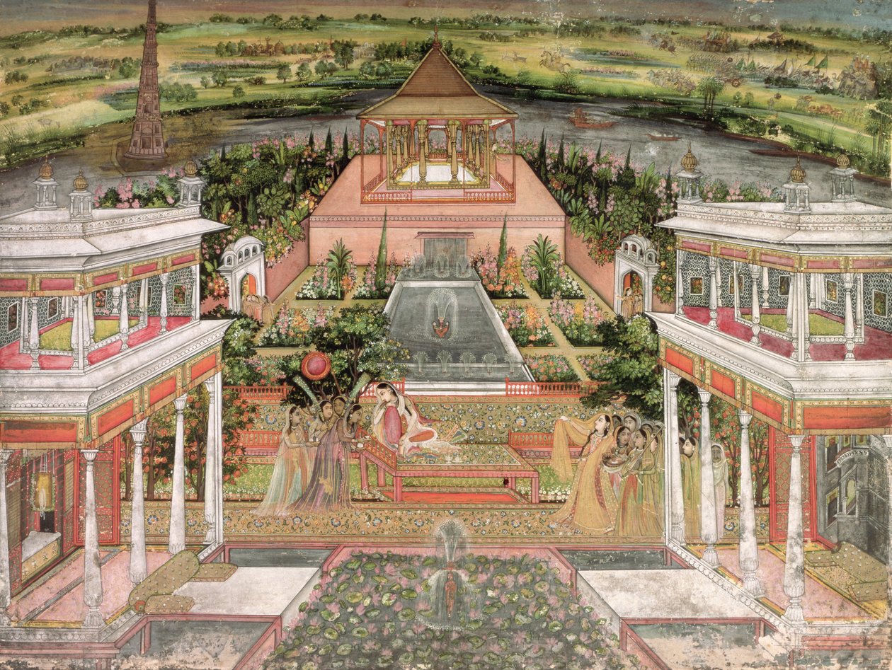 Een Mughal prinses in haar tuin door Indian School