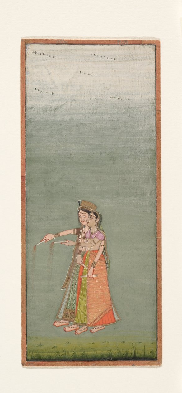 Twee hofdames met vuurwerk, ca. 1725 door Indian School