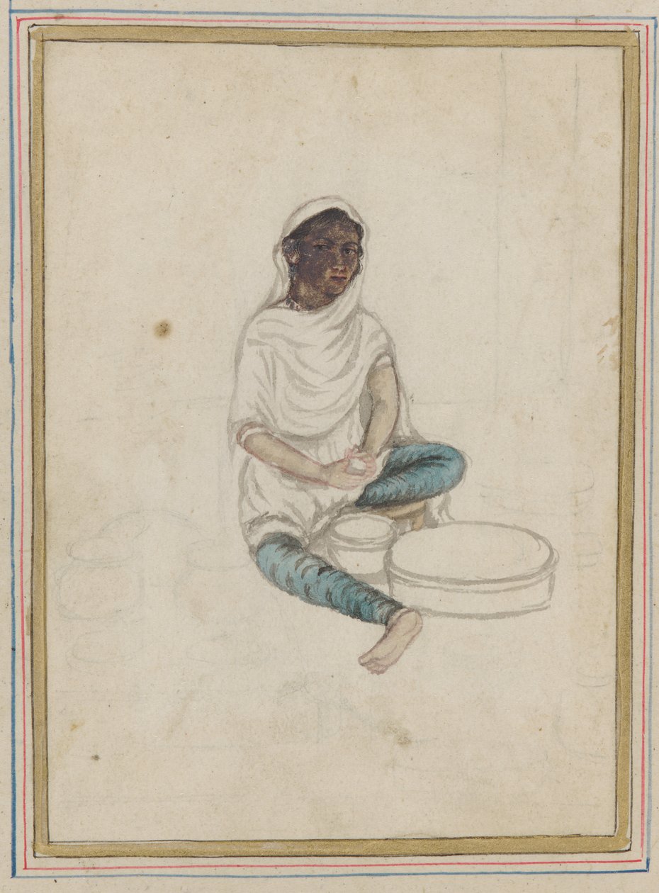 Vrouw die maïs maalt door Indian School