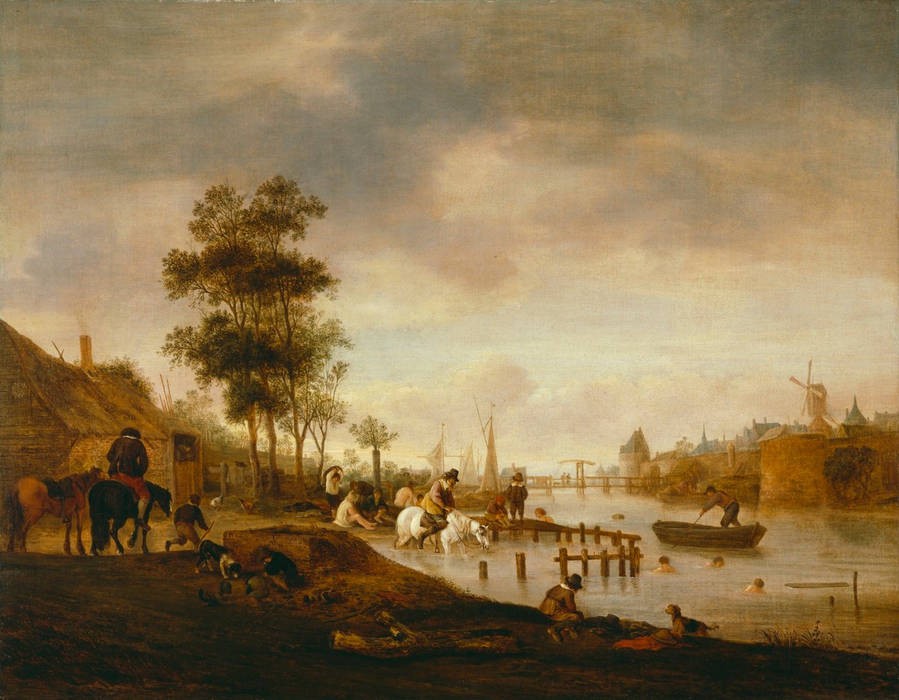 Rivierlandschap met zwemmers door Isaac van Ostade