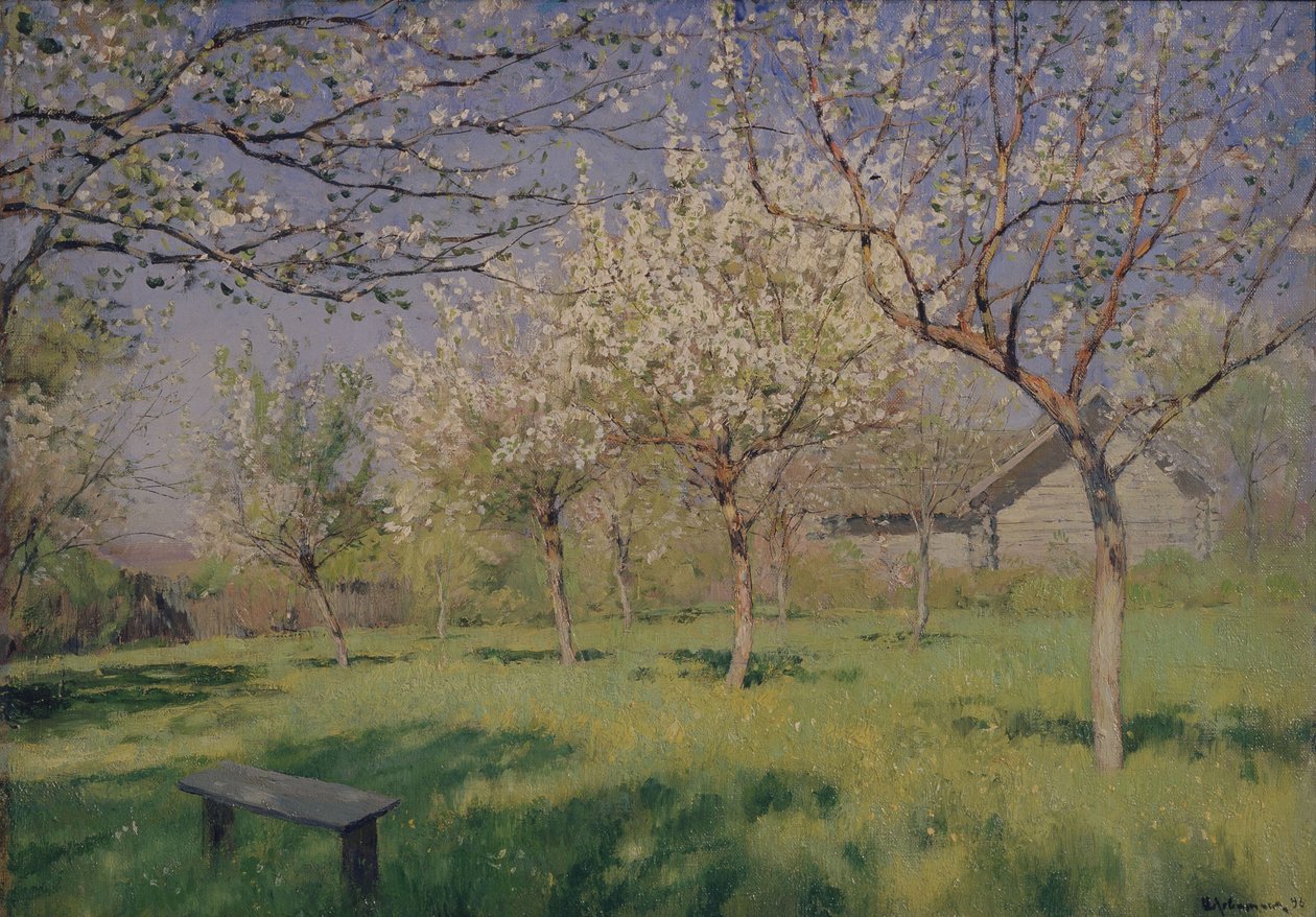 Appelbomen in bloei, ca. 1895 door Isaak Ilyich Levitan