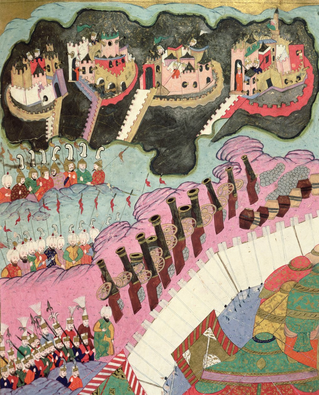 Belegering van een christelijk fort, detail van de artillerie, illustratie uit 