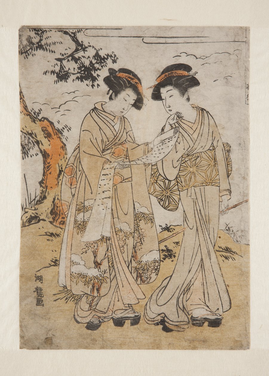 Twee vrouwen lezen een brief door Isoda Koryusai