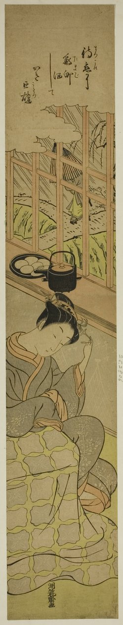 Wachten op haar minnaar door Isoda Koryusai