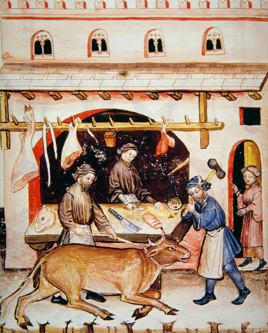 De slagers: Kalfsvlees, illustratie uit Tacuinum Sanitatis Codex Vindobonensis door Italian School