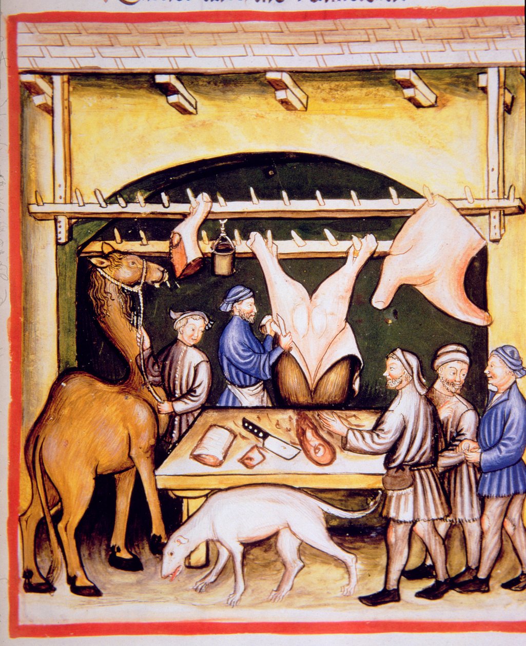 De slagers: Het vlees van koeien en kamelen, illustratie uit Tacuinum Sanitatis Codex Vindobonensis door Italian School