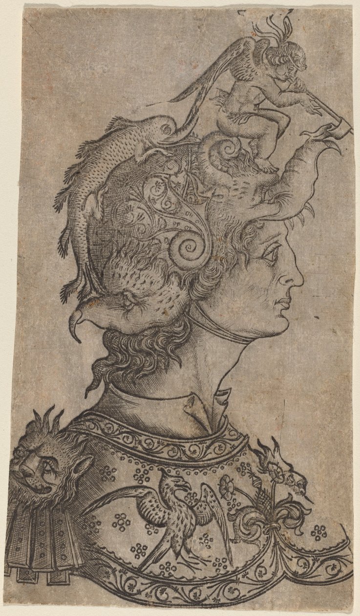 Man met een fantastisch helm door Italian 15th Century