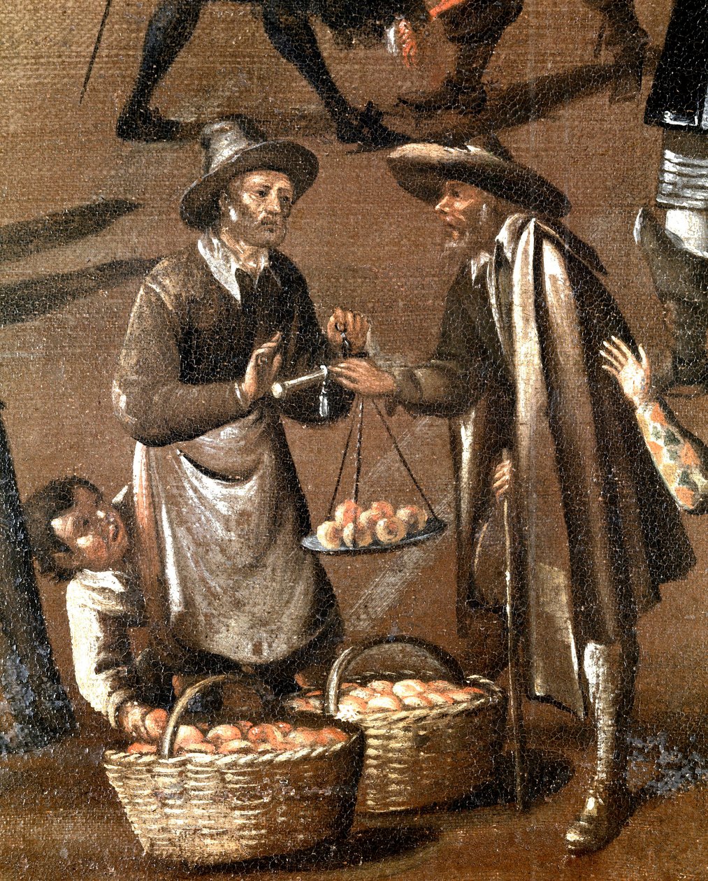 Fruitenverkoper en kleine dief (detail) door Italian School
