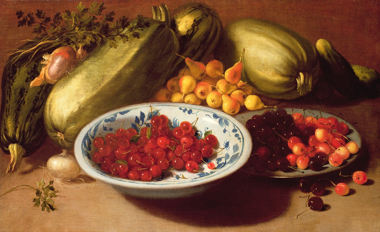Stilleven van kersen, courgettes en peren door Italian School