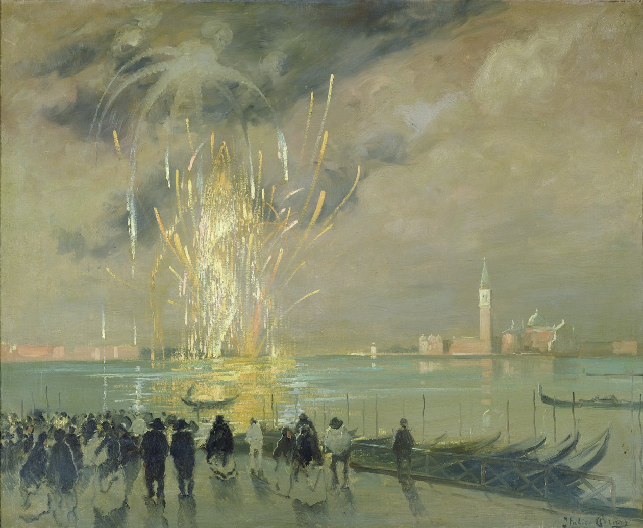 Vuurwerk over de Lagune, c.1914 door Italico Brass